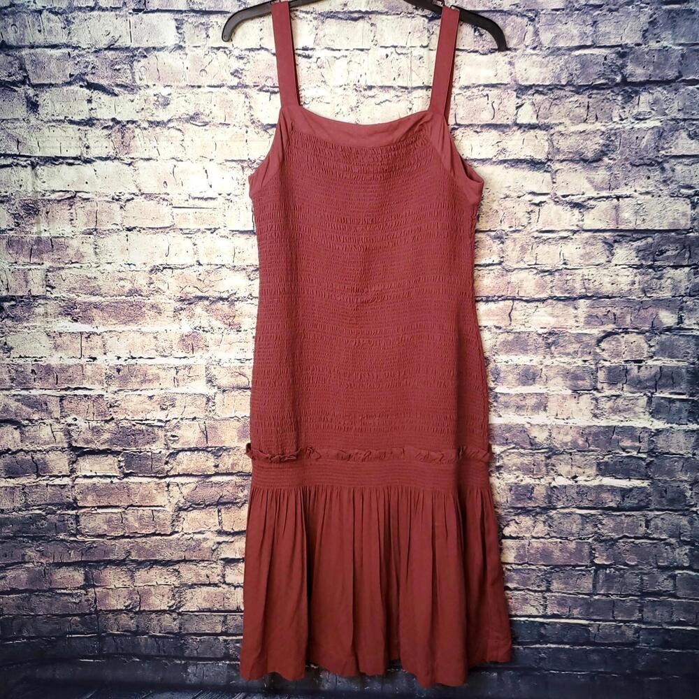 Anthropologie Escondido Wine Red Drop Waist Smocked Rayon 44" Dress Size M